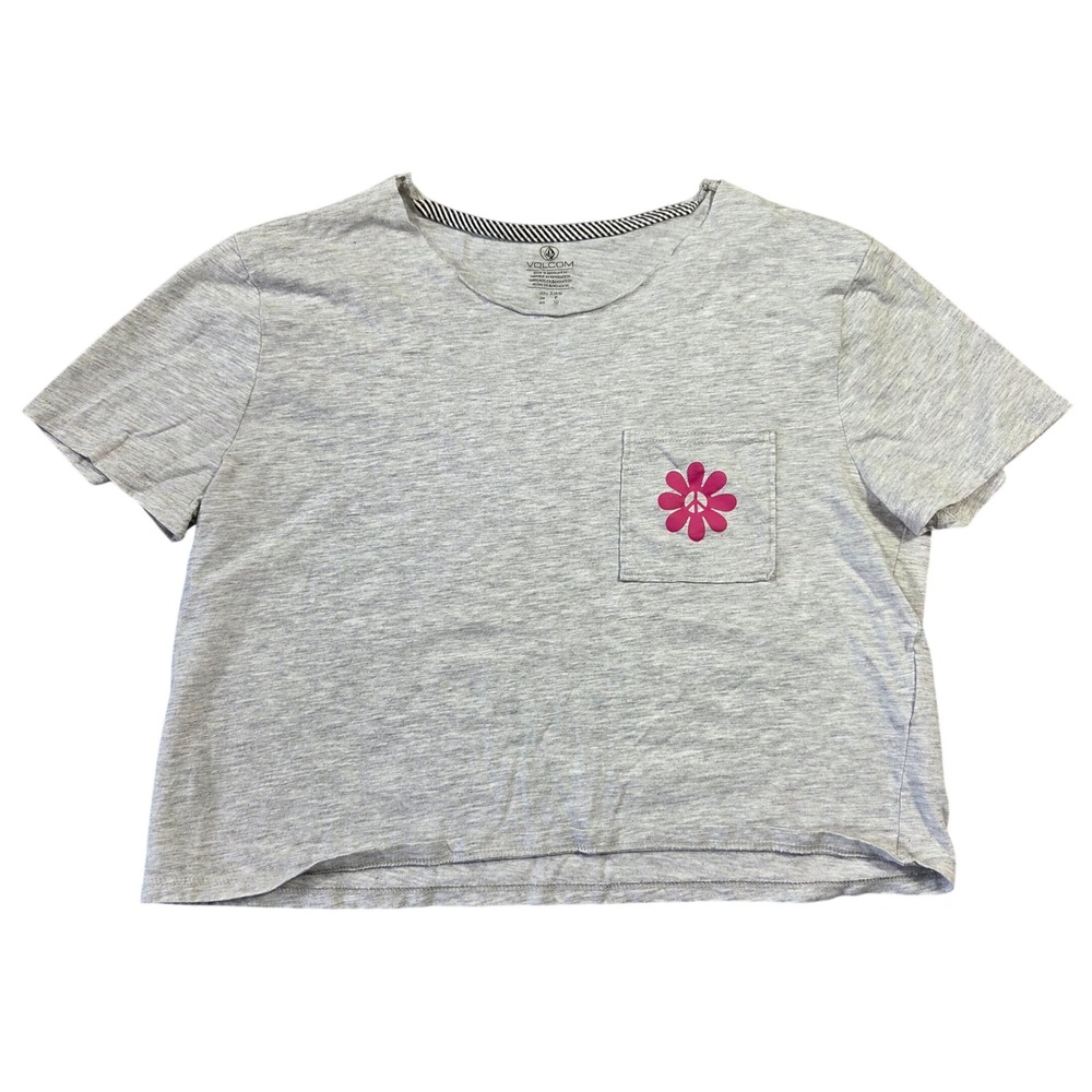 Volcom Womens Gray Pink Flower Sun Graphic Boxy Crop Top Tee Size S Skater Cute